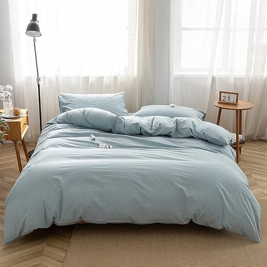FACE TWO FACE Bedding Duvet Cover Set100% Washed Cotton Duvet Cover Linen Like Textured Breathable Durable Soft Comfy (California King, Light Blue)