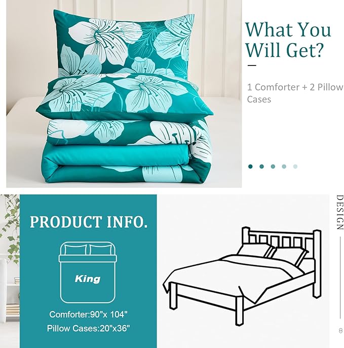 Menghomeus King Comforter Set Gradient Teal Bedding Floral Comforter Sets - Soft Microfiber Bed Comforter Set for All Season, 3 Piece Botanical Flowers Comforter, Pillowcases