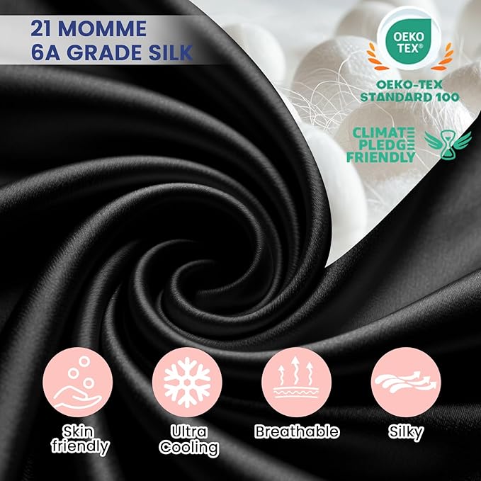 Ravmix Silk Pillow Cases with Zipper, 21momme Mulberry Silk Pillowcase for Hair Skin Health, Soft Smooth Breathable Cool Pillow Cover for Beauty Sleep with Gift Box 1PC(Standard 20"x26", Black)