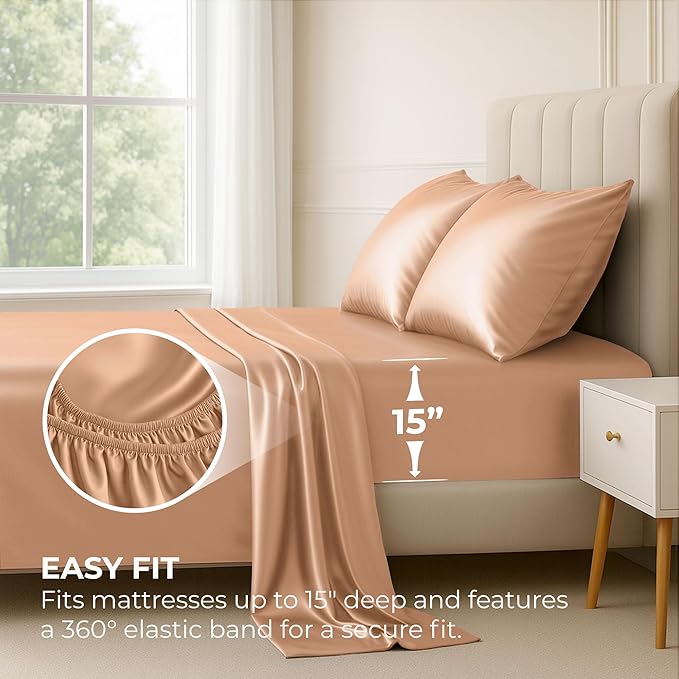 Satin Sheets Twin [3-Piece, Rose Gold] Hotel Luxury Silky Bed Sheets - Extra Soft 1800 Microfiber Sheet Set, Wrinkle, Fade, Stain Resistant - Deep Pocket Fitted Sheet, Flat Sheet, Pillow Cases
