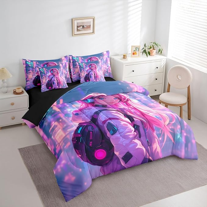 Erosebridal Anime Girl Full Comforter Set 7 Piece Japanese Style 3D Anime Bedding Set for Kids Girls Boys Room Decor,Sci Fi Style Gaming Bed in A Bag Hot Pink Colorful Bed Bed Set
