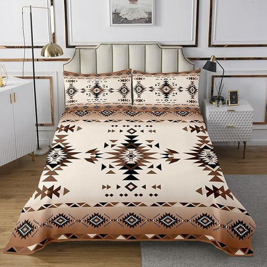 Manfei Geometric Aztec Kids Bedspread Twin Size,Western Cowboy Arrow Rustic Farmhouse Coverlet Set,Boys Girls Room Decor,Southwest Boho Tribal Quilted Coverlet,Brown Retro Bedding Quilt,1 Pillowcase