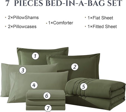 Monbix Oversized King Size Comforter Set - 7 Pieces Olive Green Bed in a Bag Oversized King Bedding Sets with Comforters, All Seasons Comforter Bed Set with Sheets, Pillowcases & Shams