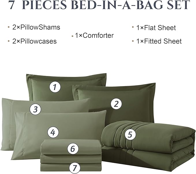 Monbix California King Size Comforter Set - 7 Pieces Bed in a Bag California King, Olive Green Bedding Sets, All Seasons Comforter Bed Set with Sheets, Pillowcases & Shams