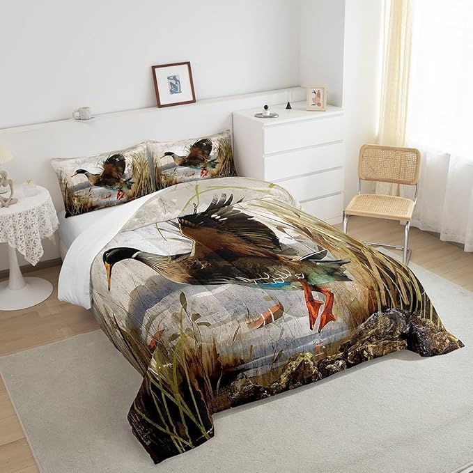Feelyou Mallard Duck Bedding Set Boys Girls Wild Duck Hunting Comforter Set for Kids Women Men Soft Lodge Cabin Farmhouse Comforter Quilt Room Decor Toddler Size Duvet Set Boys