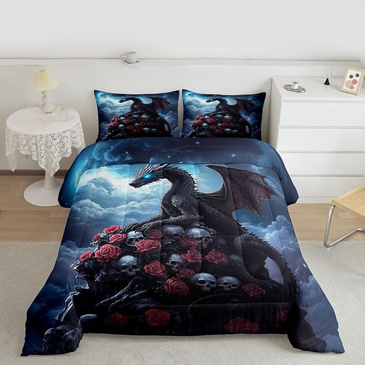 Castle Fairy Dragon Comforter Set for Kids,Halloween Skull Bedding Set Teens Boys Room Decor,Romantic Red Rose Comforter with 1 Pillowcase for All Seasons,Twin