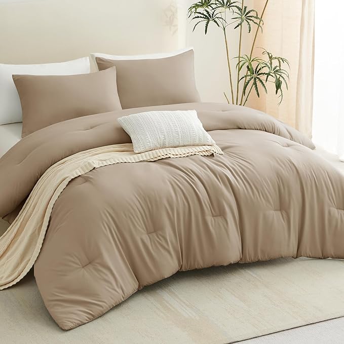 CozyLux King Size Comforter Set Taupe, 3 Pieces Solid Comforters King Size Breathable Quilted Bedding Sets, Luxury Soft Lightweight Bed Set with Down Alternative Comforter and 2 Pillowcases All Season