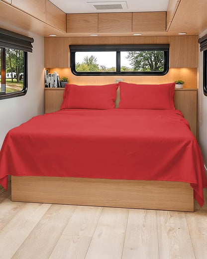 RV Short Queen Sheet Set 60 X 75 - 4 Piece RV Short Queen Bed Sheets - Ultra Soft, Breathable & Cooling - Designed for Bunks, Trailers & Campers - Fits 8” to 12" Mattress - Hotel Luxury Bedding - Red
