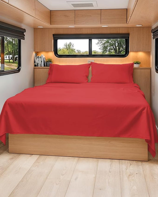 RV Short Queen Sheet Set 60 X 75 - 4 Piece RV Short Queen Bed Sheets - Ultra Soft, Breathable & Cooling - Designed for Bunks, Trailers & Campers - Fits 8” to 12" Mattress - Hotel Luxury Bedding - Red
