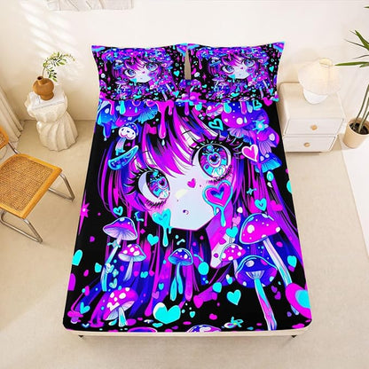 Erosebridal Japanese Girl Fitted Sheet for Boys Girls Kids Cartoon Girly Queen Bed Sheets,3D Anime Gifts Sheets Colorful Graffiti Print Bedding Sets, No Top Sheet