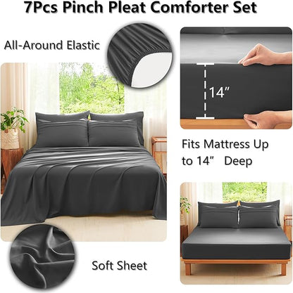 CozyLux Queen Comforter Set Dark Grey, 7 Pieces Soft Pinch Pleat Bed in a Bag Queen Comforter Set with Sheets, Boho Bed Set with Down Alternative Comforter, Sheets, Pillowcases & Shams