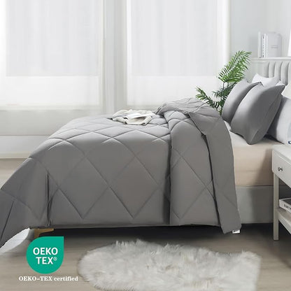 3-Piece Queen Comforter Set,All-Season,Soft & Hypoallergenic &Breathable Bedding,Polyester Quilted,Down Alternative(Comforter*1 & Pillowcases*2),Dark Gray