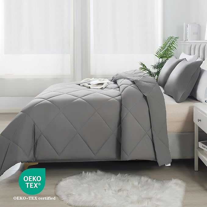 3-Piece King Comforter Set,All-Season,Soft & Hypoallergenic &Breathable Bedding,Polyester Quilted,Down Alternative(Comforter*1 & Pillowcases*2),Dark Gray