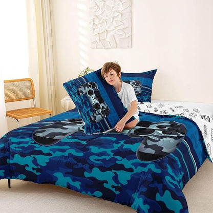 Feelyou Gamer Comforter Set Camouflage Gaming Video Game Bedding Set for Kids Boys Blue Camo Gamer Console Comforter Soft Gamepad Decor Quilt King Size Boys