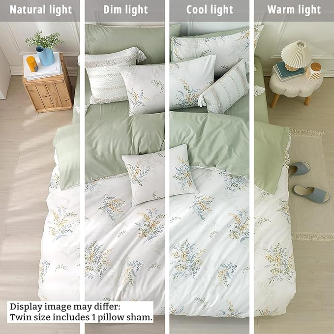 White Cotton Comforter Twin Size 2Pcs - Blue Branches & Orange and Green Buds on White, Chevron Sage Green Back, Reversible Lightweight Bedding Sets with Soft Fill(1 Comfoter, 1 Pillowcase)