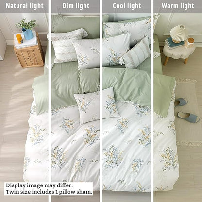 White Cotton Comforter Twin Size 2Pcs - Blue Branches & Orange and Green Buds on White, Chevron Sage Green Back, Reversible Lightweight Bedding Sets with Soft Fill(1 Comfoter, 1 Pillowcase)