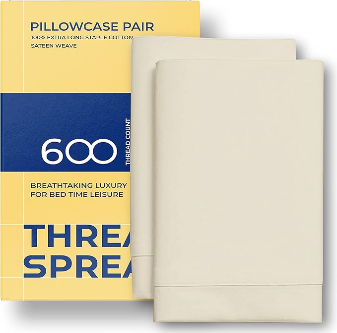 Thread Spread 100% Egyptian Cotton Pillow Cases Queen Size Set of 2 - Luxury 600 Series Bliss Collection Queen Pillow Cases (Sand), Soft Cooling Hotel Cotton Pillowcases, Sateen Finish