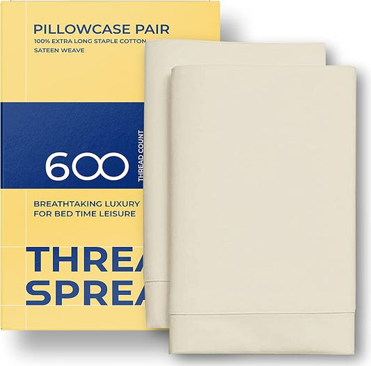 Thread Spread 100% Egyptian Cotton Pillow Cases Queen Size Set of 2 - Luxury 600 Series Bliss Collection Queen Pillow Cases (Sand), Soft Cooling Hotel Cotton Pillowcases, Sateen Finish