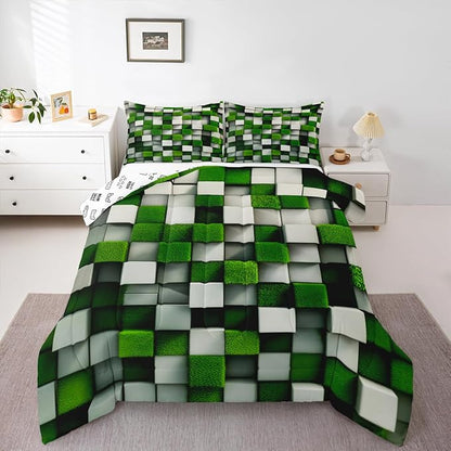 Pixelated Miners Game Kids Bedding Set King Size,Video Games Cartoon Gamepad Comforter Set，Modern Geometric Check Quilt Comforter,Green White Bedroom Duvet Insert,2 Pillowcases