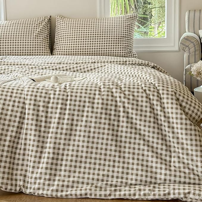 NSNLGSGC Tan Gingham Cotton Comforter Set Twin, 100% Washed Cotton Taupe Plaid Checked Comforter Bedding, 2 Pieces Vintage Farmhouse Grid Bedding Set(Tan Gingham, Twin)
