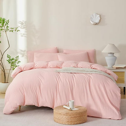 Pink Comforter Set Queen Size Soft Luxury Washed Microfiber Jacquard 3 Pieces Bedding Set, Pink Jade Vertical Ticking Stripes Comforter with 2 Pillowcases Breathable Durable Comfy