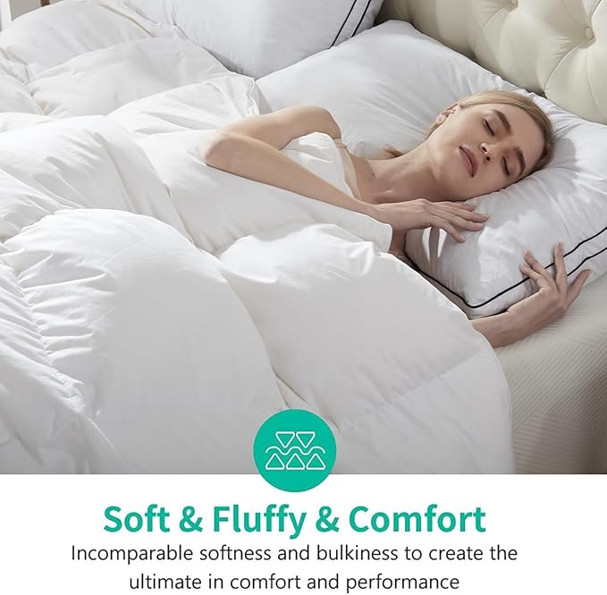 APSMILE Fluffy Luxury Heavyweight Down Feather Fibers Comforter for Winter Colder Climates/Sleeper- 100% Organic Cotton, High Fill Power Thicker Down Fibers Duvet Inserts (Ivory White, 68x90)