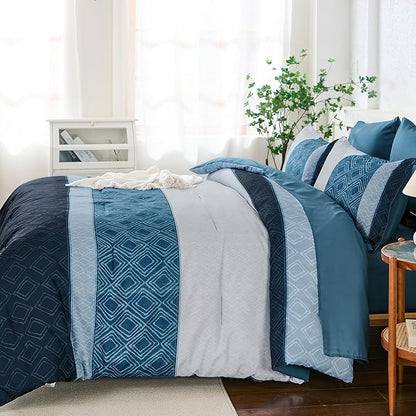 Dinjoy Queen Comforter Set Navy Blue, 7 Piece Boho Bed in a Bag Queen Size Striped Fall Bedding Sets Comforters with Plaid Bed Set with Sheets for Women Men