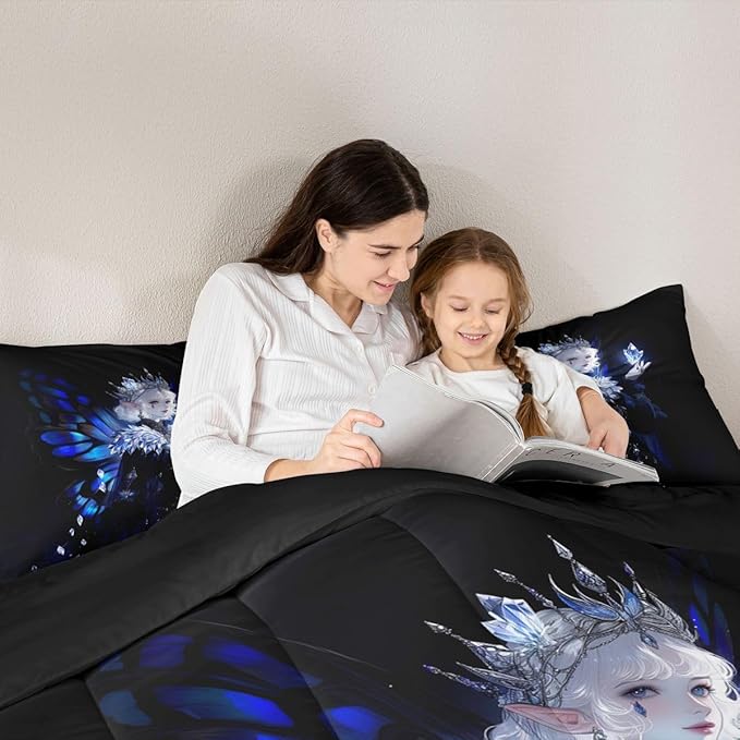 Erosebridal Gothic Girls Comforter Set for Kids Boys Girls A Girl Wearing A Crown Bedding Butterfly Diamond Feather Print Duvet Set Coquette Princess Comforter Full with 2 Pillowcases