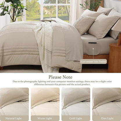 Monbix Super King Plus Size Comforter Set - 7 Pieces Apricot Beige Bed in a Bag Super King Plus Bedding Sets with Comforters, All Seasons Comforter Bed Set with Sheets,Pillowcases & Shams
