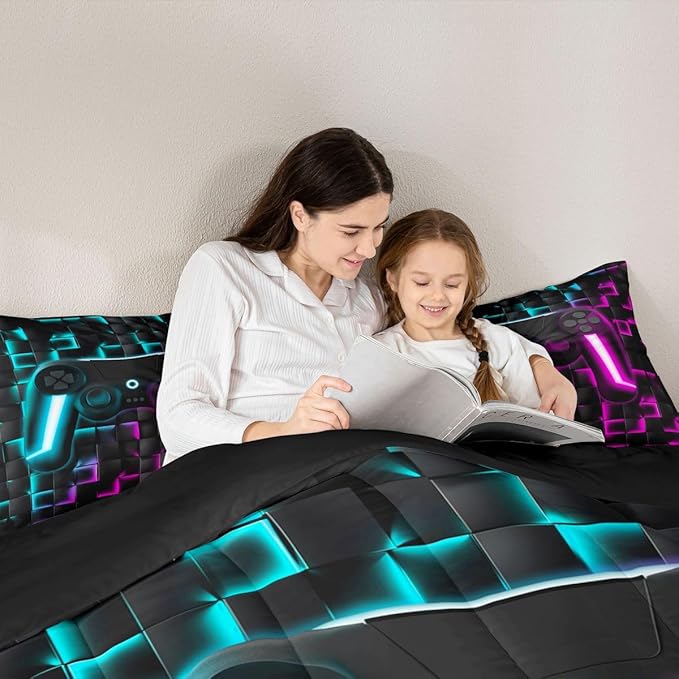 Erosebridal Boys Gamer Comforter Set Gaming Full Size Bedding Sets for Kids Boys Teen Men Neon Lights Ombre Checkered Video Games Bed Comforter Set 3D Geometric Game Console Quilt Blue Purple