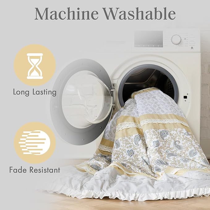 Madison Park Dawn 100% Cotton Shabby Chic Comforter Set-Modern Cottage Design All Season Down Alternative Bedding, Matching Shams, Bedskirt, Decorative Pillows, King(104"x92"), Yellow 9 Piece