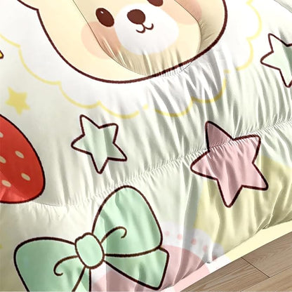 Girls Kids Cartoon Bear Comforter Set with Cute Bows, 3-Piece Strawberry Bedding Set Full Size, 100% Washed Microfiber Bedding Sets with 1 Comforter 79"x 90" and 2 Pillowcases