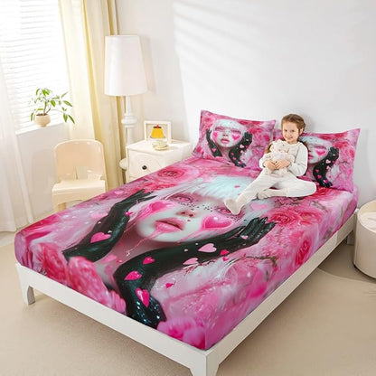 Erosebridal Japanese Girl Fitted Sheet Pink Rose Floral Flowers Bed Sheets Queen Size Anime Decor Bed Set, 3D Anime Gifts for Girls Sheets with 2 Pillowcases - 3 Pieces
