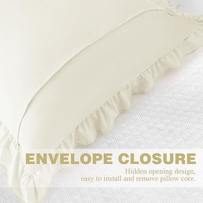 KKJIAF Ruffle Pillow Cases 24x24 Inches, Beige Square Ruffled Pillow Covers Set of 2, Microfiber Wrinkle Resistant Pillow Shams with Envelope Closure for Sofa Bed Living Room