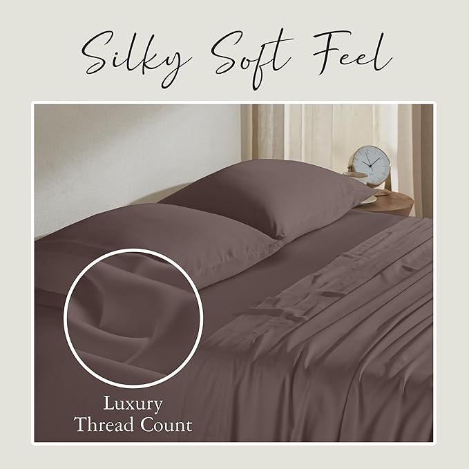 KARISSA MAE Cooling Bamboo Viscose Queen Sheet Set | 100% FSC Certified | 18” Deep Pocket | Silky, Soft, & Hypoallergenic | with Organizer Band & Elastic Corner Straps [Mocha]