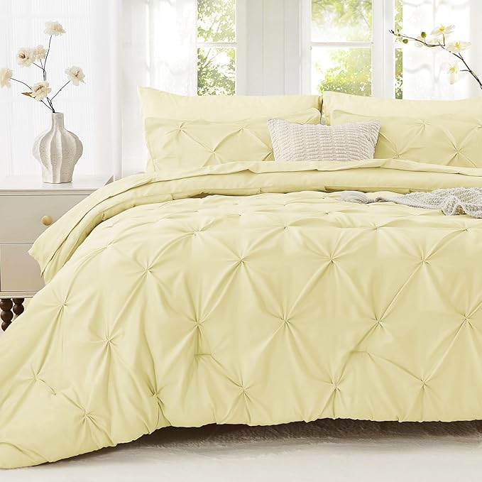 Sasttie California King Comforter Set, 7-Piece Bed in a Bag, Pintuck Bedding Sets for All Season, Includes Comforter, Flat Sheet, Fitted Sheet, Pillowcases and Pillowshams, Cream Yellow