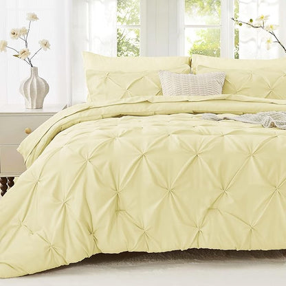 Sasttie California King Comforter Set, 7-Piece Bed in a Bag, Pintuck Bedding Sets for All Season, Includes Comforter, Flat Sheet, Fitted Sheet, Pillowcases and Pillowshams, Cream Yellow