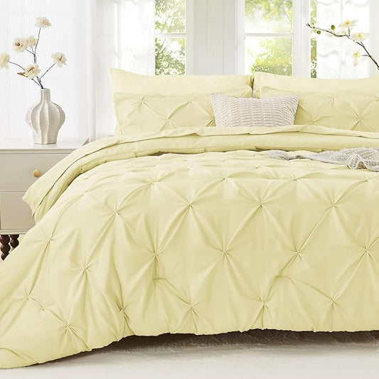 Sasttie California King Comforter Set, 7-Piece Bed in a Bag, Pintuck Bedding Sets for All Season, Includes Comforter, Flat Sheet, Fitted Sheet, Pillowcases and Pillowshams, Cream Yellow
