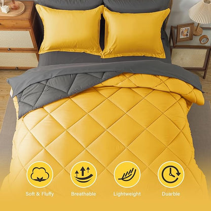 Cosybay Bed in a Bag King Reversible Comforter Sets 7pcs All Season Down Alternative Bedding Sets Yellow and Grey with Comforter, Pillow Shams, Flat Sheet, Fitted Sheet and Pillowcase