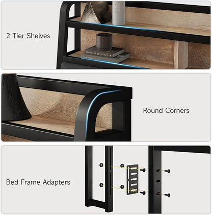 Queen Headboard Only with Storage, Upholstered Headboards for Queen Size Bed with LED Light, Charging Station, Height Adjustable, Sturdy and Stable Headboard, Black & Brown