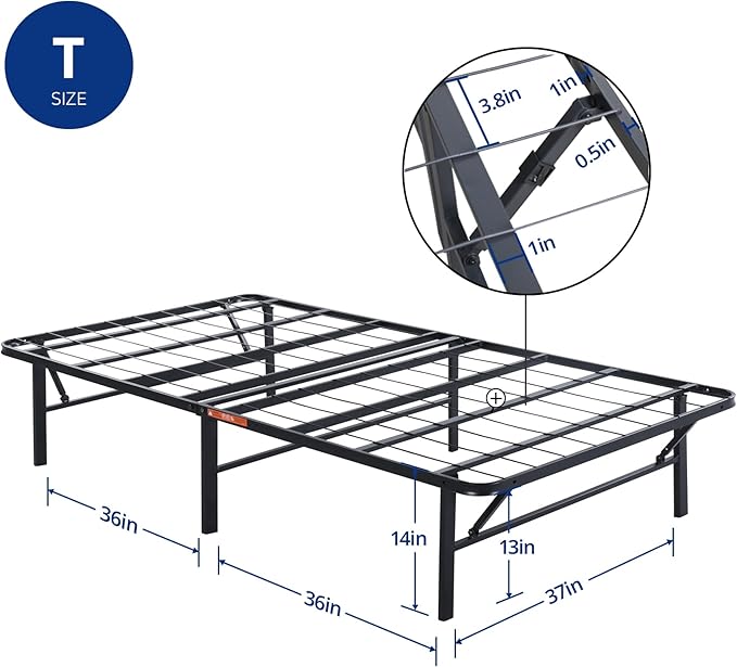 Olee Sleep 14 Inch Foldable Metal Platform Bed Frame, Steel Mattress Foundation, Comfort Base, Easy Under Bed Storage, No Box Spring Needed, Twin Size