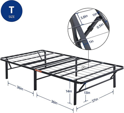 Olee Sleep 14 Inch Foldable Metal Platform Bed Frame, Steel Mattress Foundation, Comfort Base, Easy Under Bed Storage, No Box Spring Needed, Twin Size