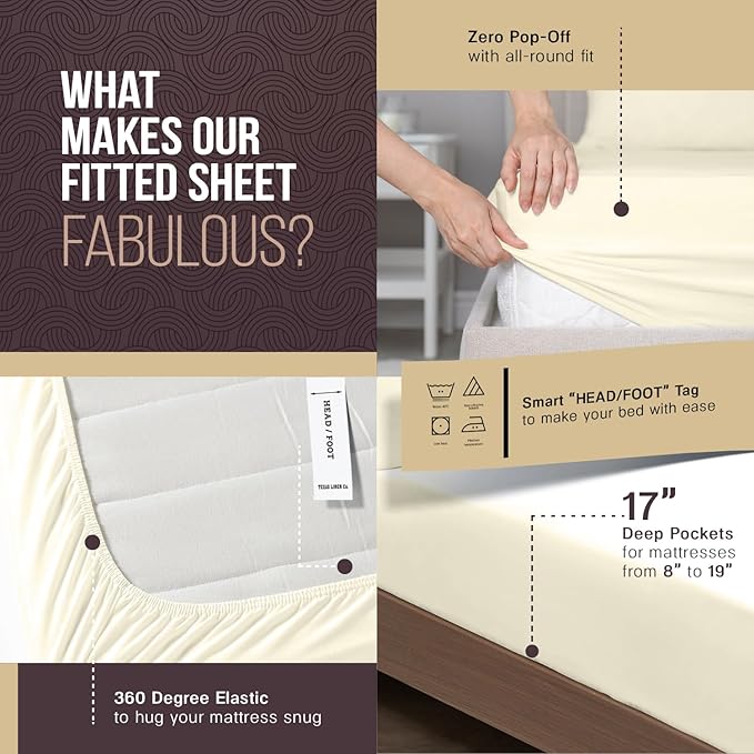 TEXAS LINEN CO. 100% Egyptian Cotton Sheets California King Size - 2000 Series Luxury Cal King Sheet Set, Soft & Cooling Sateen Weave, 17” Extra Deep Pocket Hotel Collection Sheets (4 Pc, Ivory)