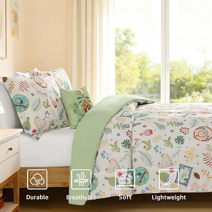 Twin Comforter Set for Girls-3 Pieces Forest Friends Twin Bedding Sets for Kids,1 Comforter,1 Sham and 1 Decor Pillow