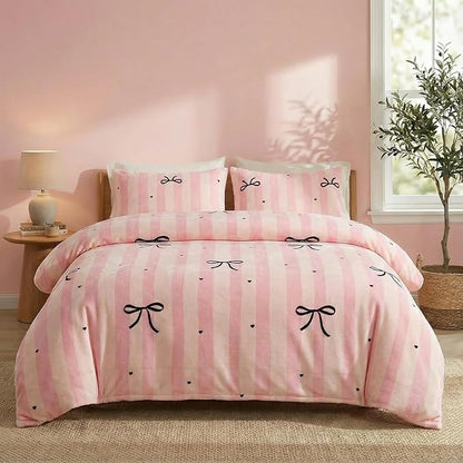 Bedbay Pink Striped Fleece Comforter Set Queen Size Girls Bow Comforter Soft Warm Fleece Velvet Bedding Set Pink Stripes Cute Bow Tie Pattern Fluffy Queen Bed Set 3 Pcs for Boys Girls Teen