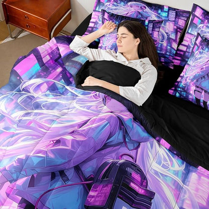 Erosebridal Japanese Girl Bed in A Bag Girly Anime Bedding Set for Kids,Sci Fi Style Gaming Twin Comforter Set 7 Piece Room Decor,3D Cartoon Anime Girl Bed Set