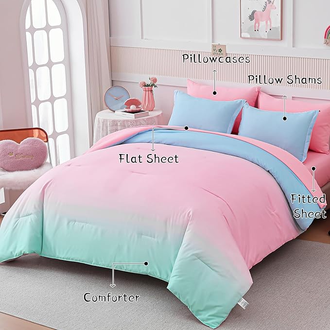 Drucon Comforter Set Queen Size for Teen Girl & Women,7 Pieces Bed in A Bag Gradient Pink Green Bedding Set (1 Comforter, 1 Flat Sheet, 1 Fitted Sheet, 2 Pillow Shams, 2 Pillowcases)
