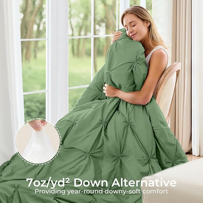 Sasttie California King Comforter Set, 7-Piece Bed in a Bag, Pintuck Bedding Sets for All Season, Includes Comforter, Flat Sheet, Fitted Sheet, Pillowcases and Pillowshams, Green