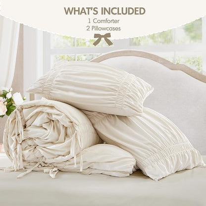 Intelligent Design Ruched Shabby Chic Comforters for Queen Size Bed, All Season Lightweight Comforter Queen, French Country Bedding Set, Sham, Ella, Full/Queen, Ivory, 3 Piece