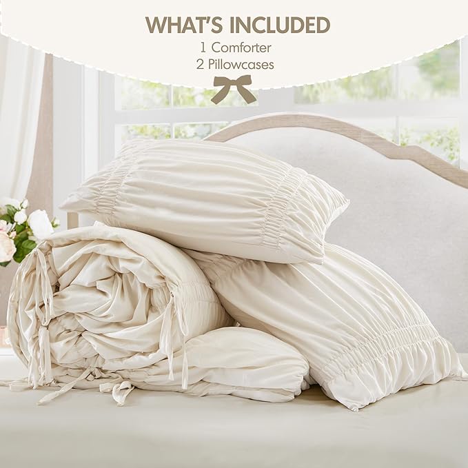 Intelligent Design Ruched Shabby Chic Comforters for King Size Bed, All Season Lightweight Comforter King, French Country Bedding Set, Sham, Ella, King/Cal King, Ivory, 3 Piece